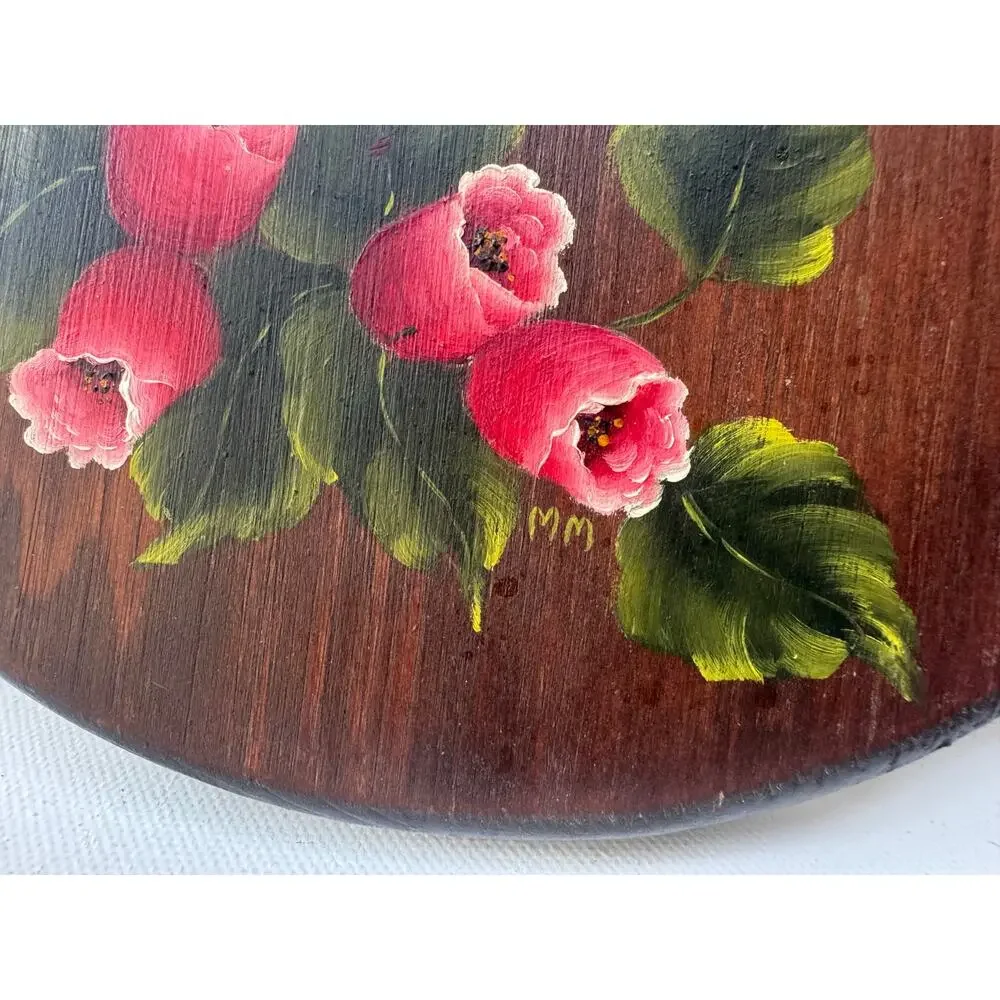 Vintage Hand Painted Floral Wood Wall Mirror Folk Art Pink Flowers